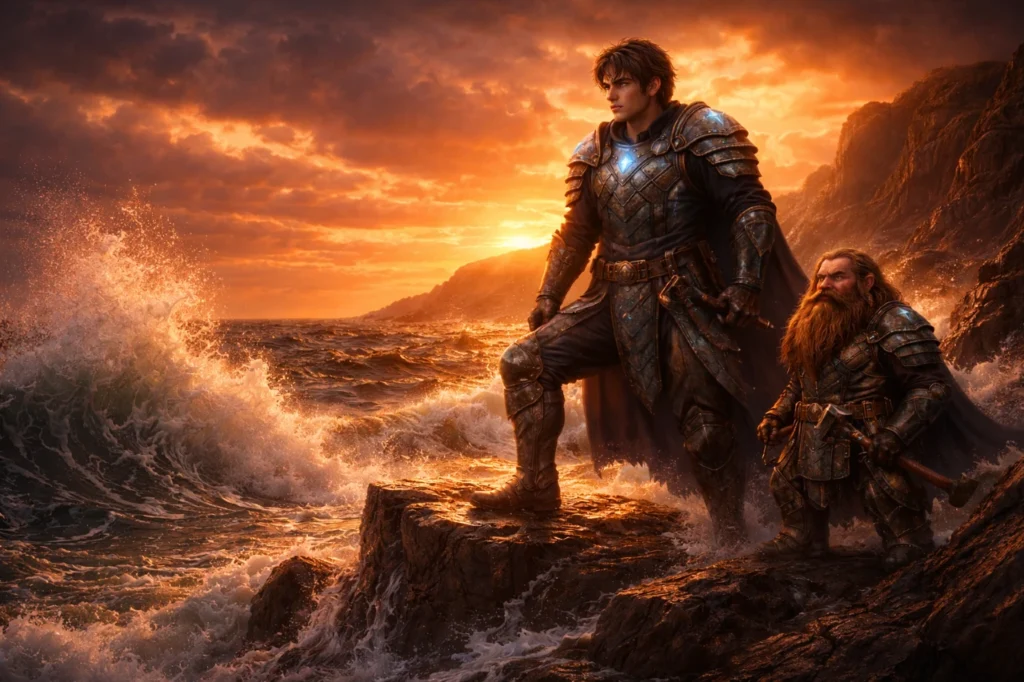 A young armored warrior with silver armor and glowing blue crystal accents stands firmly on a rocky shoreline at sunset as waves crash around him, with a dwarf companion beside him.