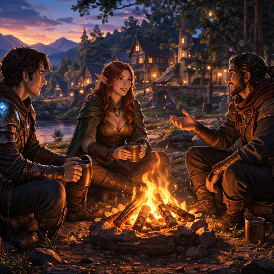 A group of fantasy characters gathered around a campfire in a peaceful village setting