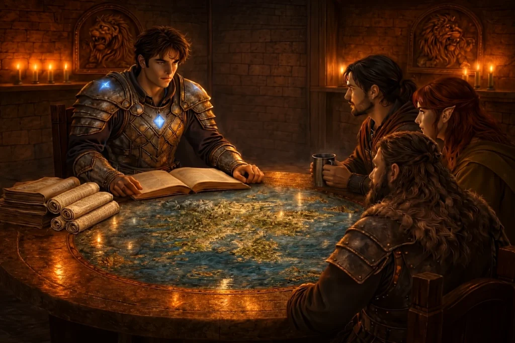Four adventurers gathered around a round stone table in a candlelit room, focused on their leader as they study a map and an open book together
