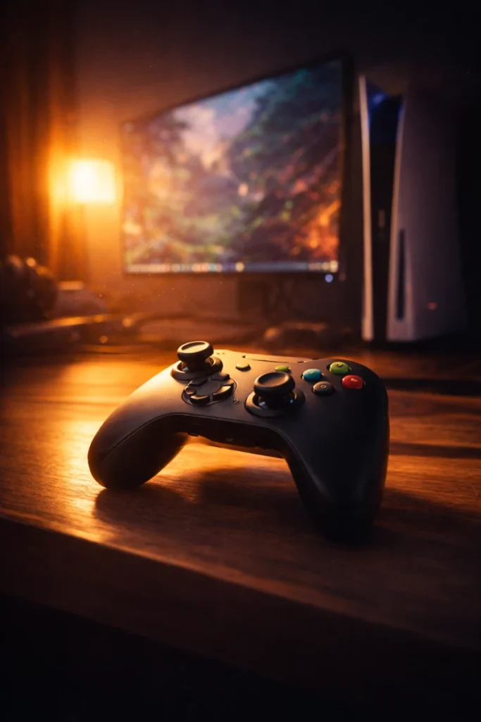 Gaming setup with controller and monitor, representing contacting Gatlin Games