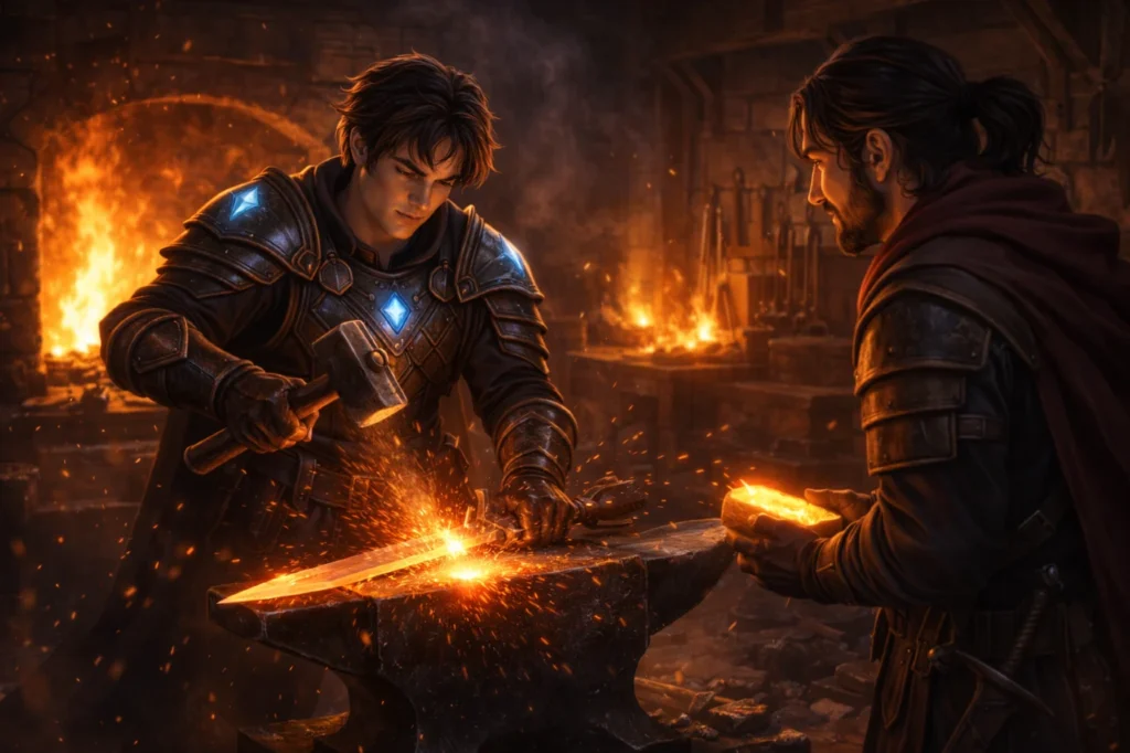 A young armored warrior with silver armor and glowing blue crystal accents forges a sword on an anvil in a warm, cinematic blacksmith forge while a companion stands nearby holding an iron ingot.