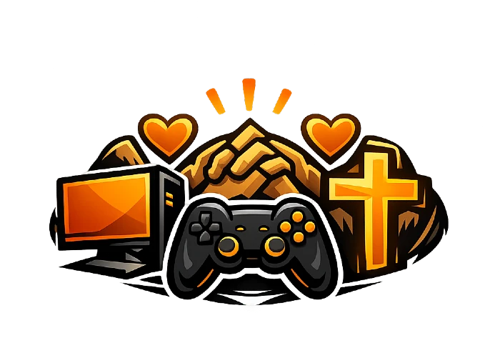 Gaming icon with a cross and controller in warm orange lighting