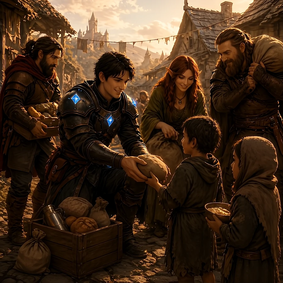 A group of adventurers in a medieval village share food and supplies with children, showing compassion and service in action.
