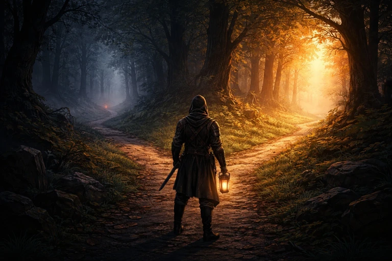 Adventurer standing at a crossroads between a dark path and a lighted path, facing a moment of decision