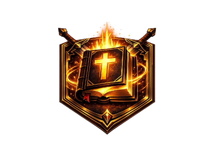 Bible with crossed swords glowing with fire accents