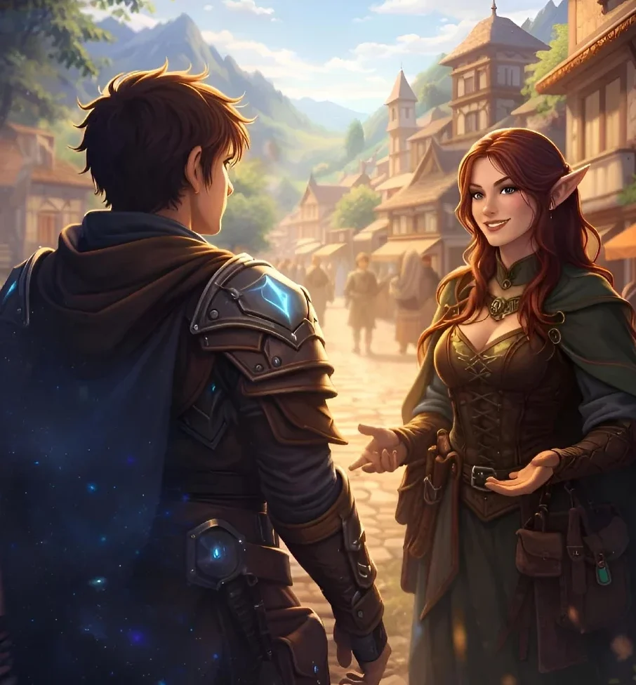 An animated gamer immersed in a fantasy world, interacting with a character in a vibrant village setting