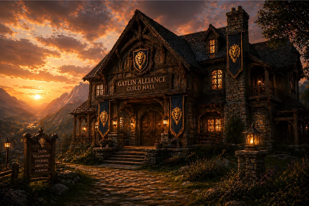Gatlin Alliance guild hall at sunset with lion banners and warm glowing lights