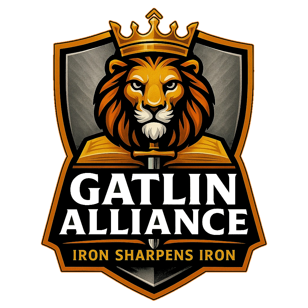 Gatlin Alliance logo featuring a crowned lion over an open book with the words Iron Sharpens Iron