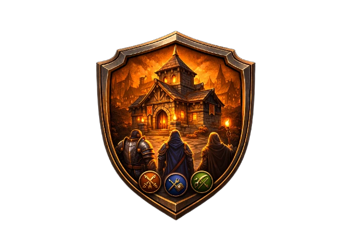 Three armored figures standing before a lit guild building inside a shield emblem