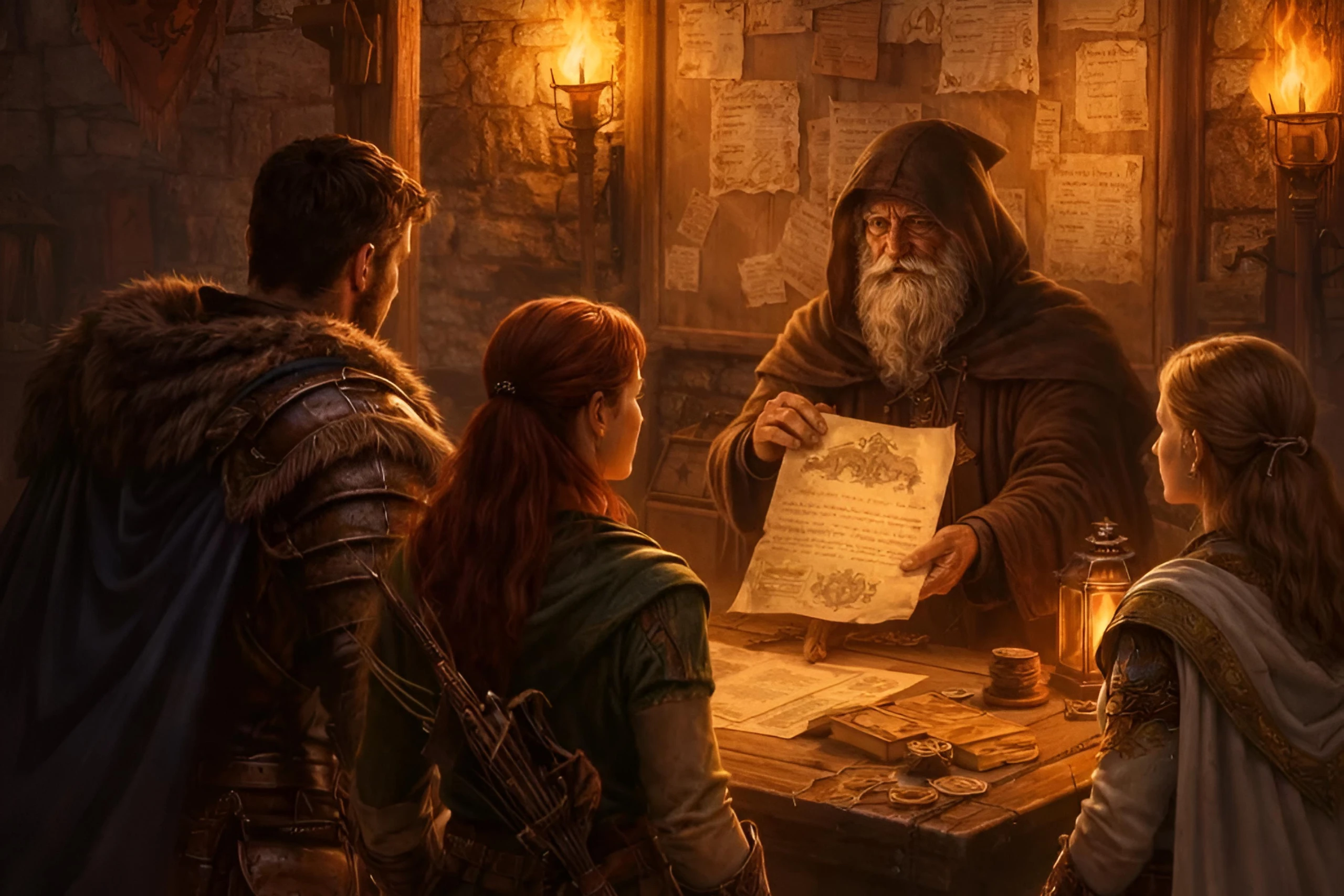 Adventurers receiving a quest from an elderly quest giver holding a parchment in a lantern-lit room
