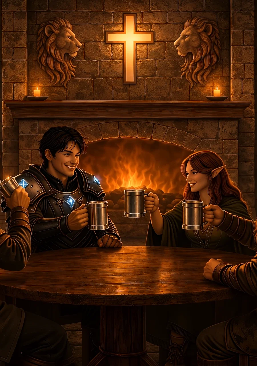 Adventurers gathered around a table raising mugs in fellowship beside a glowing cross in a warm, firelit hall