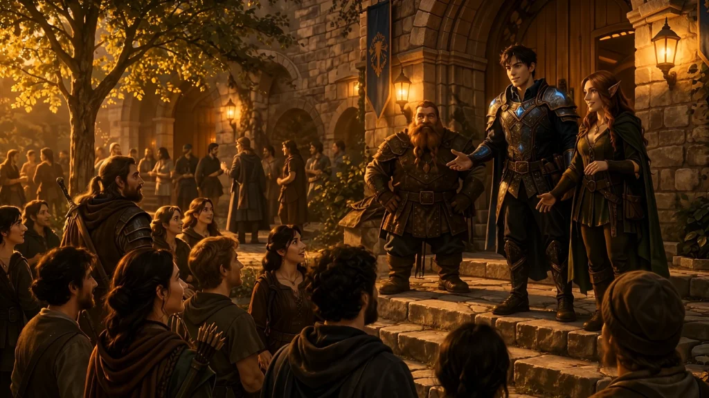 Armored warrior and elf standing on stone steps, welcoming a gathered crowd in a medieval guild hall courtyard