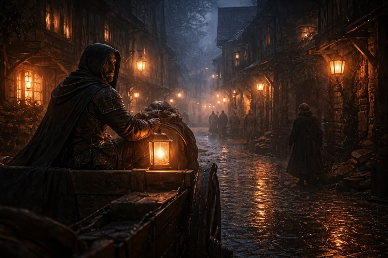 Traveler riding through a dark medieval street lit by lanterns, bringing light into the night