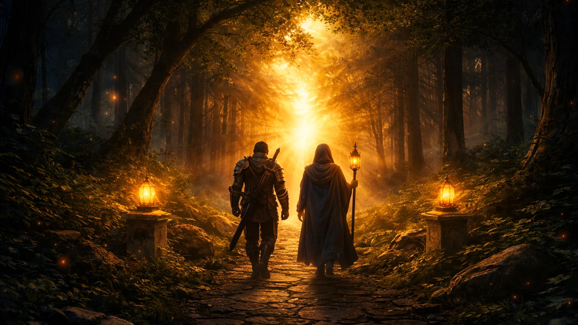 Two travelers walking side by side on a glowing forest path toward light, representing faith, unity, and walking together in truth