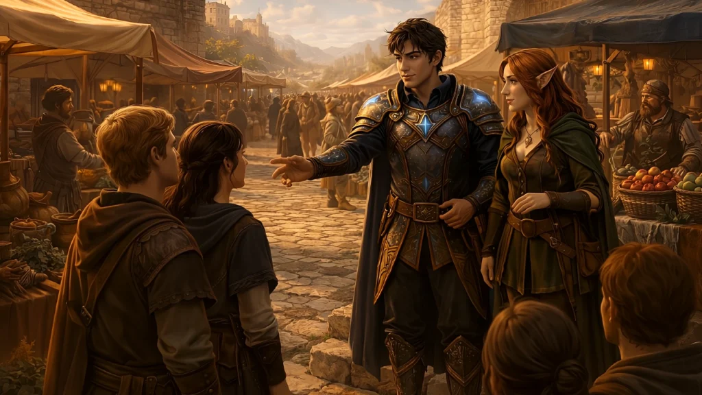 An adventurer and an elf speak with others in a busy marketplace.