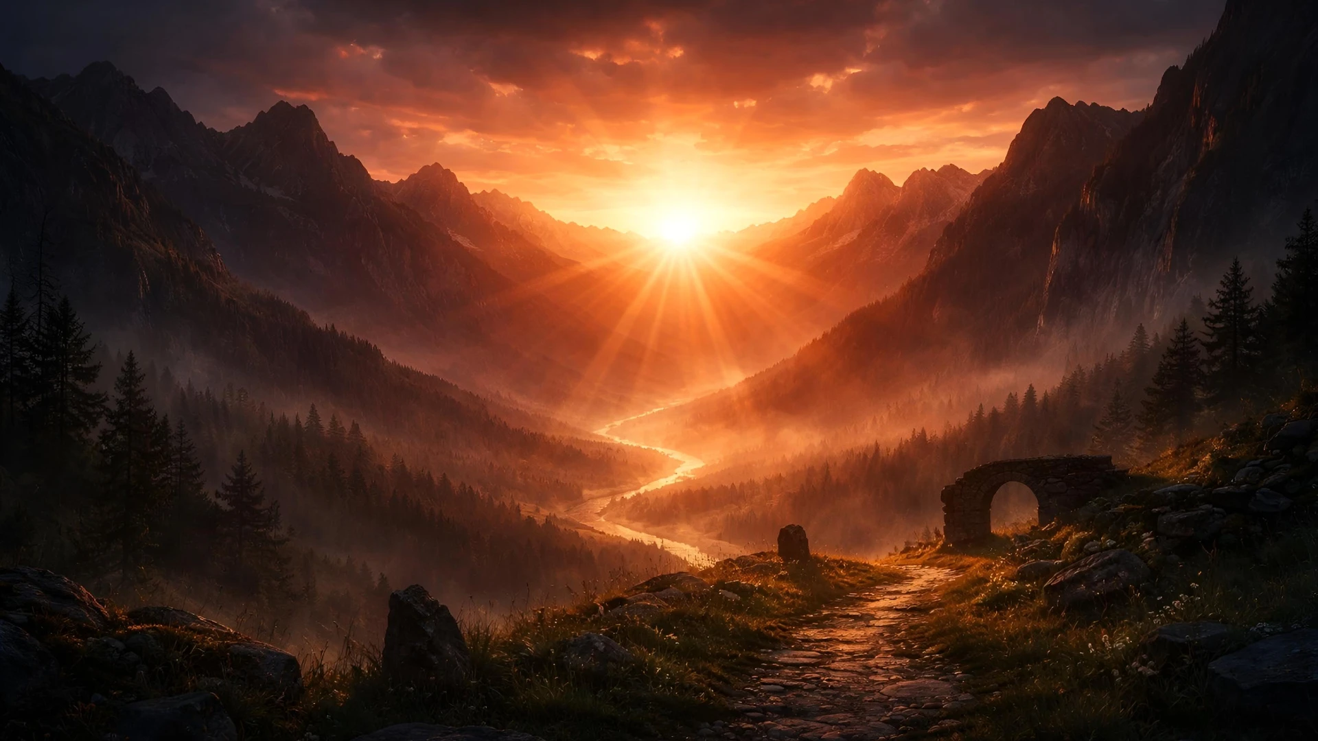 Sunlight breaking through a mountain valley, illuminating a winding path through darkness