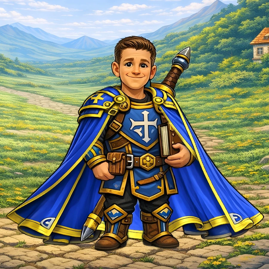 Cartoon-style paladin character wearing blue armor and cape, holding a book and standing on a path in a bright landscape