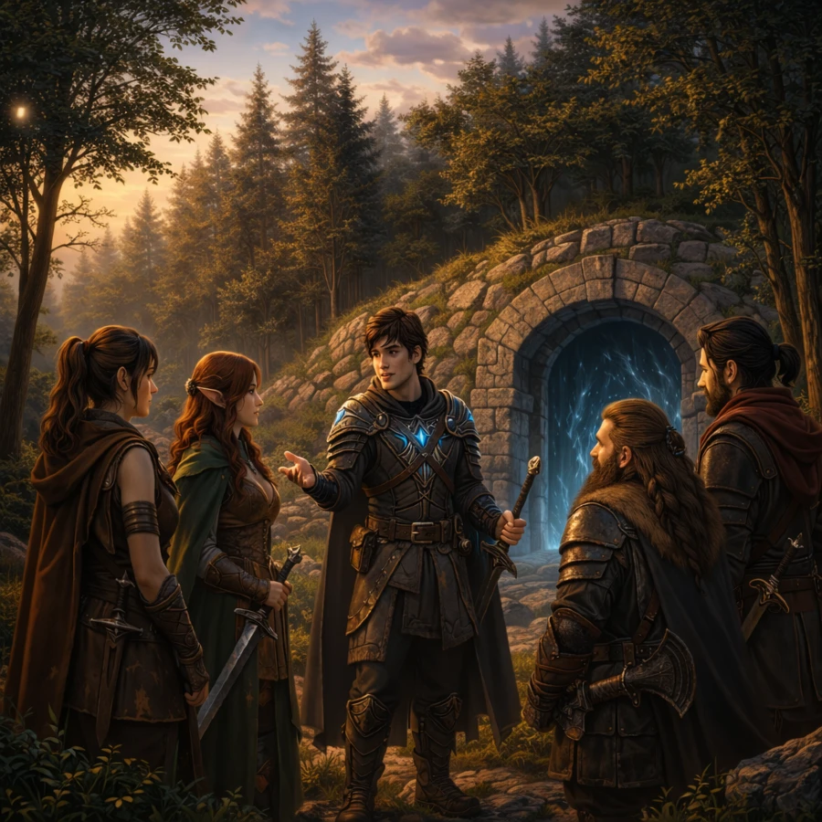 Group of adventurers gathered in a wooded area near a glowing dungeon entrance, listening as their leader prepares them for the mission ahead