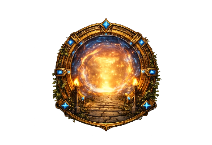 Glowing portal with a stone path and torches inside a circular emblem