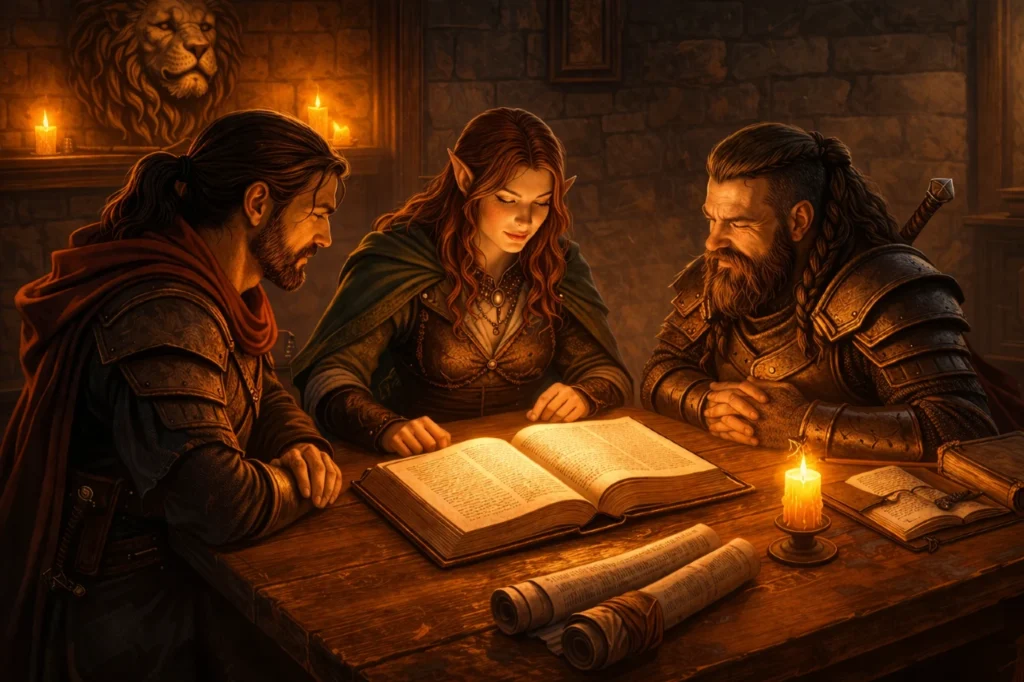 Adventurers gathered around a table studying an open Bible and scrolls in a warm, candlelit stone room