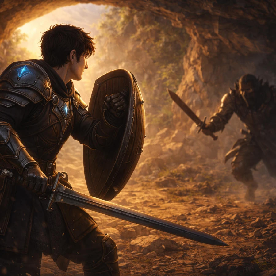Warrior holding a shield up in defense, standing firm in a cave as a shadowed enemy approaches from the darkness.