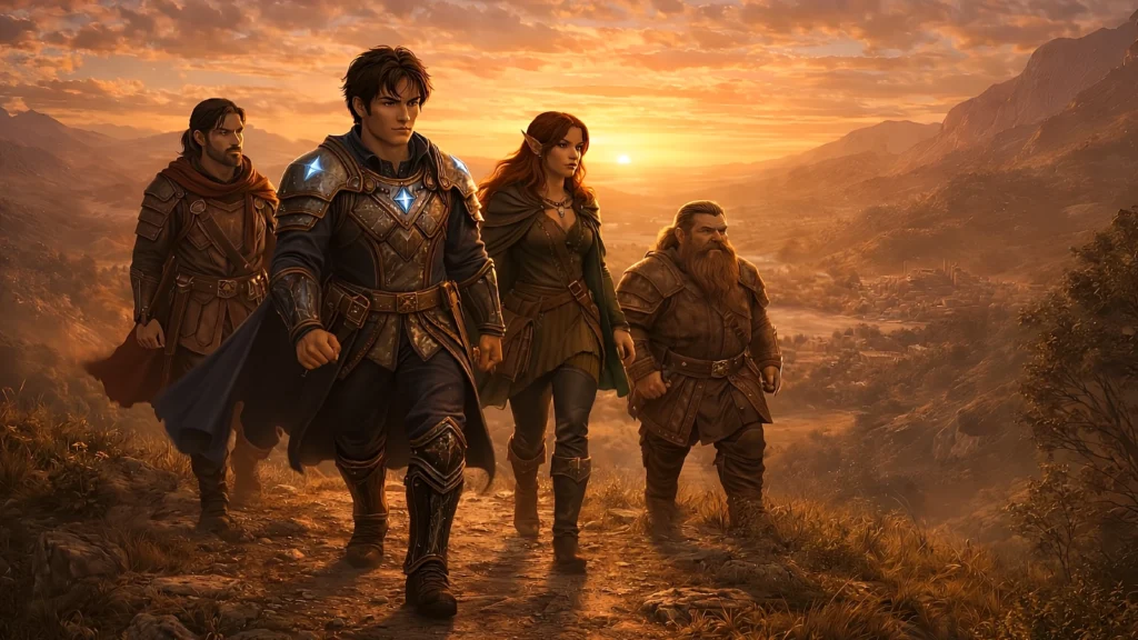 Four adventurers walk forward together along a mountain path at sunrise, led by an armored warrior with glowing blue symbols on his armor