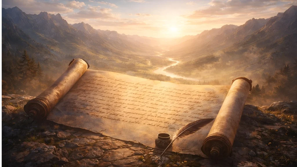 Ancient scroll with written words overlooking a vast landscape, symbolizing vision and direction
