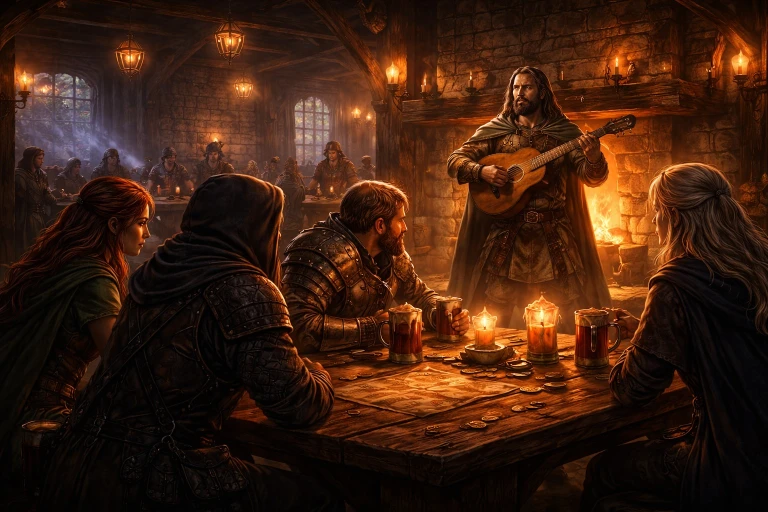 Bard playing music and telling a story to a group gathered in a medieval tavern