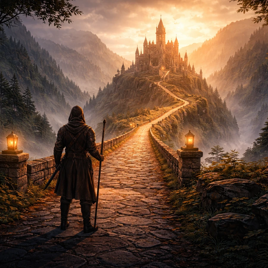 A traveler walking along a stone path toward a glowing castle in the mountains at sunset
