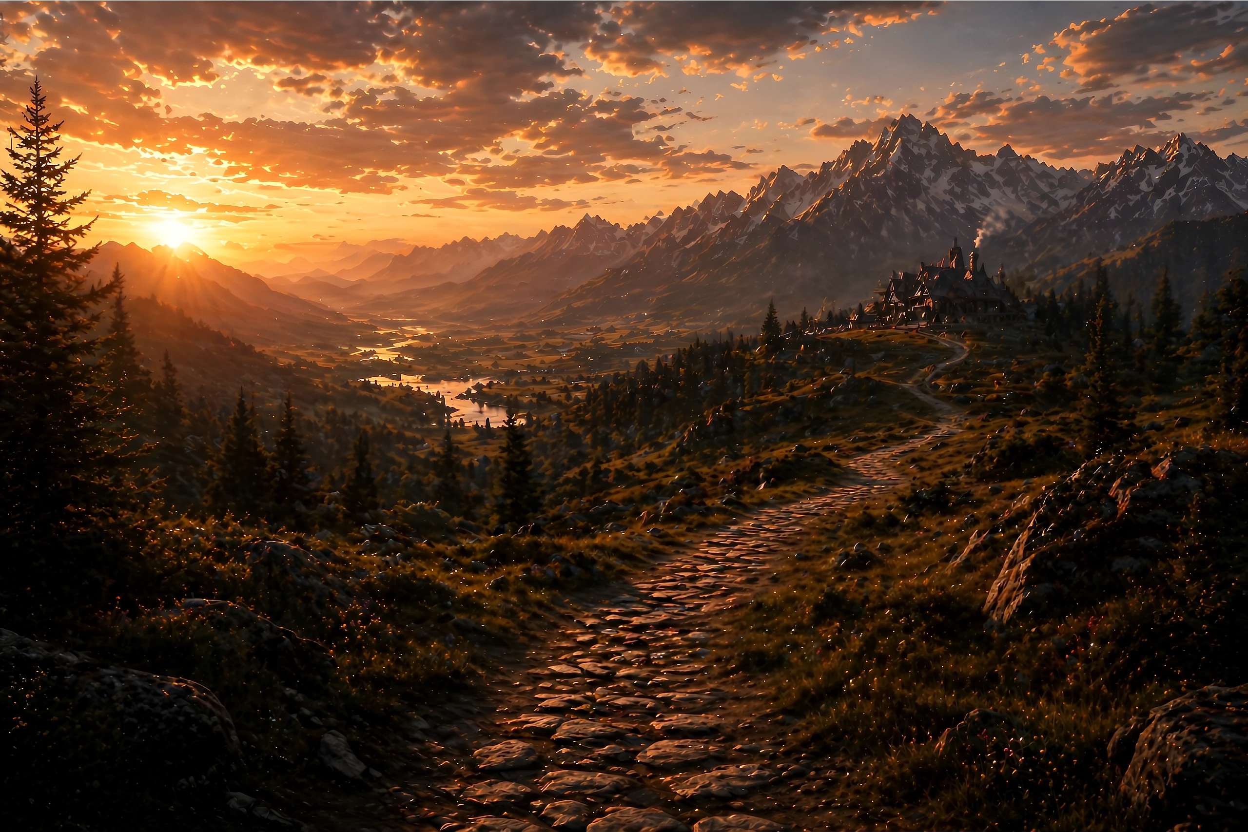 Stone pathway leading through a mountain valley toward a distant guild hall at sunset