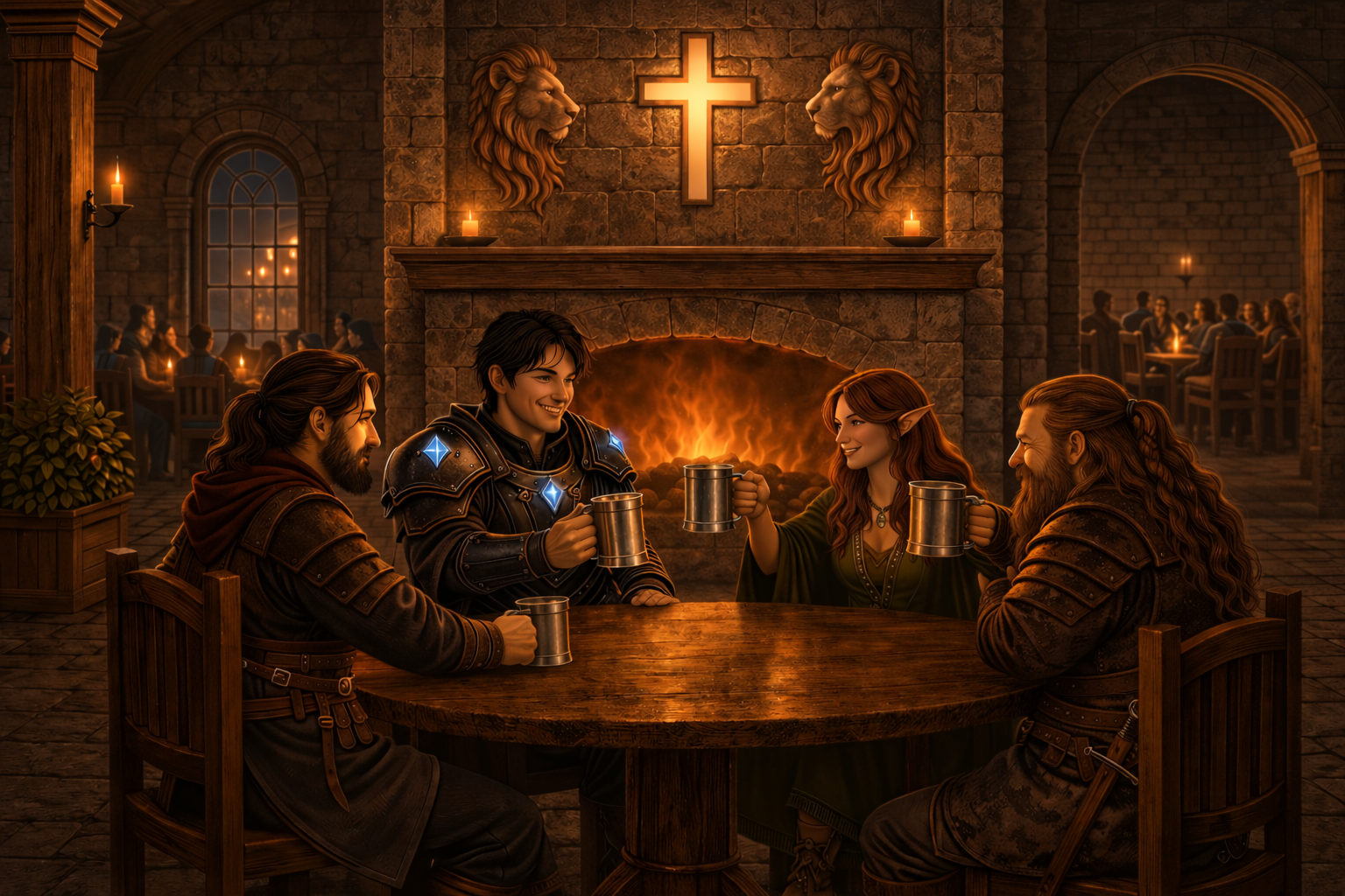 Four adventurers seated around a wooden table in a warmly lit guild hall, sharing a moment of fellowship by a fireplace beneath a glowing cross and carved lion heads