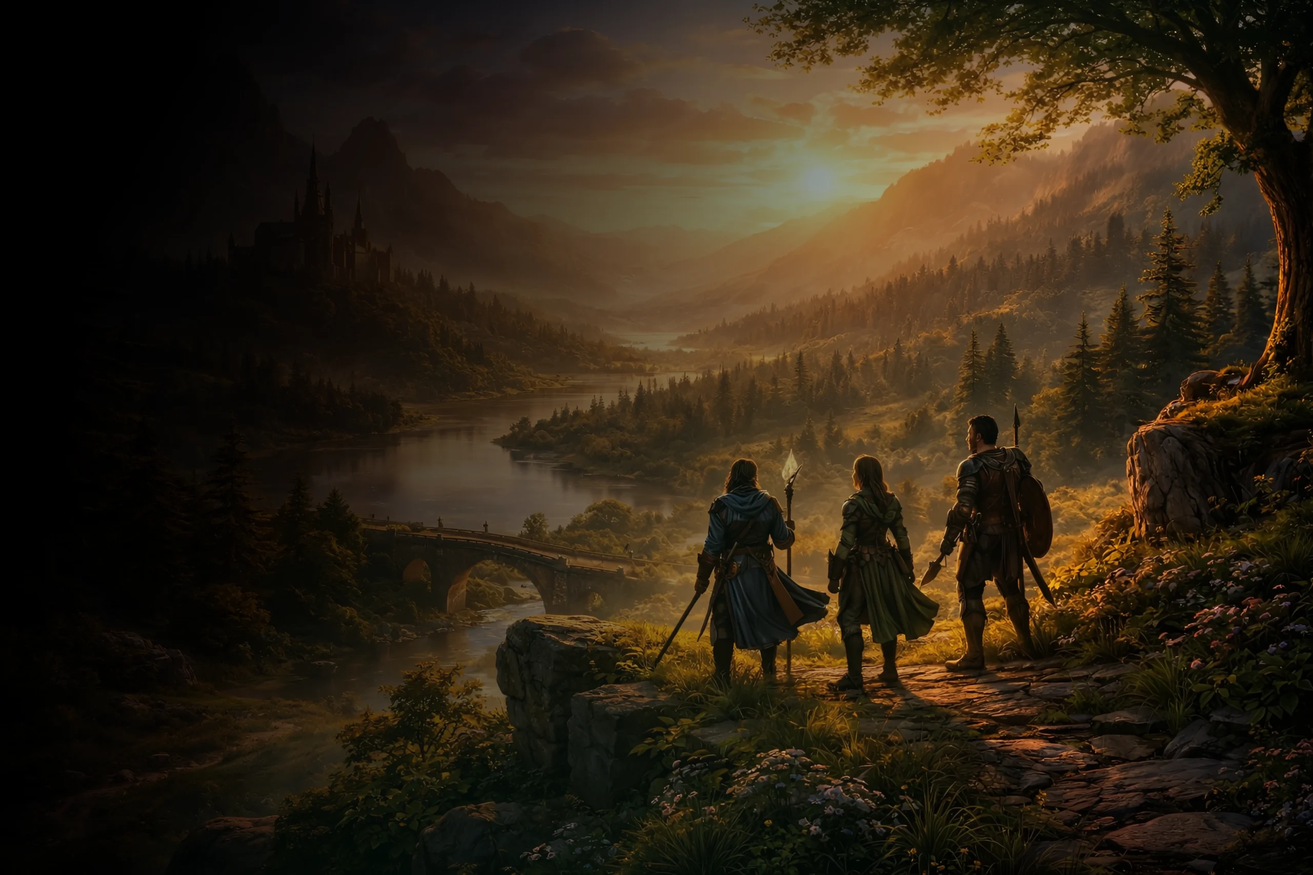 Three adventurers standing on a hillside overlooking a valley, preparing to walk down a path toward a distant kingdom and bridge
